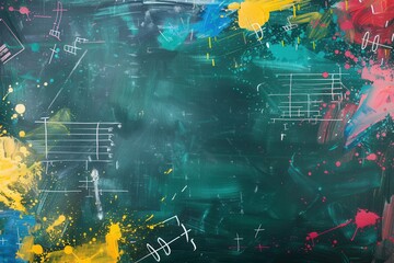 Aufkleber - Colorful brushstrokes adorn a dark green chalkboard, showcasing creativity and artistic expression in a lively classroom environment. Generative AI