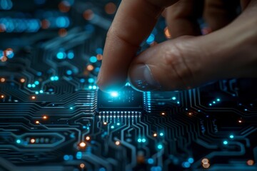 Poster - Close-up of finger touching glowing chip on a circuit board, representing technology and innovation