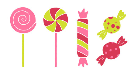 Set of colorful candies and lollipops. Hand-drawn vector illustration isolated on white background