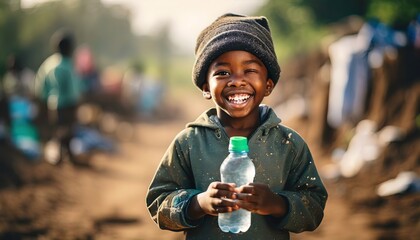 Close-up African little boy poor tramp rejoices holding a bottle of clear drinking water. Disadvantaged rural area in Africa on the background. Panorama with copy space.