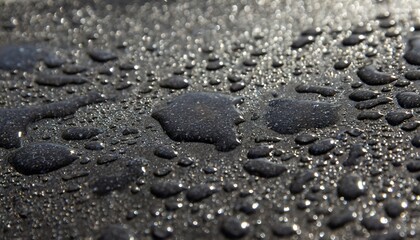 Water droplets on dark surface glistening in light, close-up macro shot.