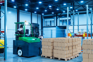 Poster - warehouse center. logistic storage with boxes. forklift near pallets with parcels. logistics warehou