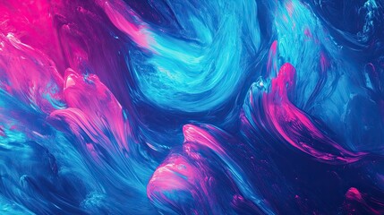 Poster - Dynamic Waves of Glowing Neon Blue and Vivid Pink Paint Forming an Engaging Backdrop at Dusk