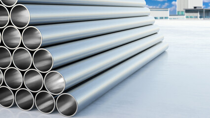 Steel pipes lie on ground. Pipeline fragments are ready for installation. Aluminum pipe warehouse. Pipeline production. Metal pipes are stored outdoors. Production of water supply. 3d image