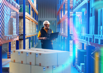Poster - Man in innovation warehouse. Storage manager holding laptop. Storekeeper stands among racks boxes. Guy at delivery service warehouse. Man contractor for warehouse company. Virtual screens near racks