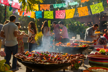 A group of people are gathered around a large grill, cooking food