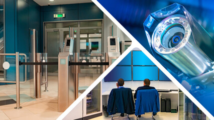 Poster - security system in business center. cctv camera close up. people are sitting in control room. turnst