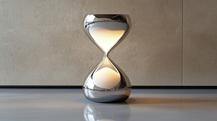 Poster - Elegant Chrome Hourglass With Fine White Sand Illuminated in Minimalist Setting