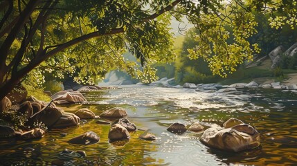 Wall Mural - Tranquil River Scene with Sunlight Filtering Through Trees