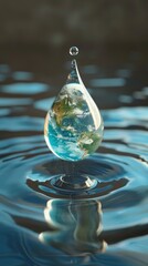 Wall Mural - A serene image shows a water droplet with a miniature Earth inside, emphasizing nature's beauty and tranquility.