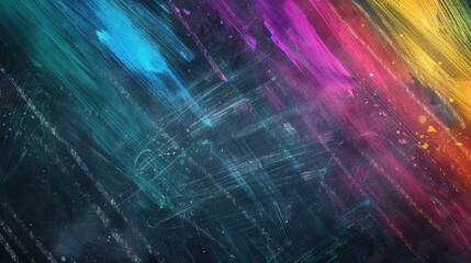 Poster - Colorful brushstrokes create a lively display on a dark green chalkboard, illuminating the creative atmosphere of an art classroom. Generative AI