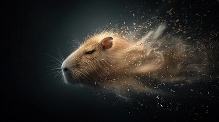 Wall Mural -   A close-up of a rodent's head with visible dust emerging from its fur