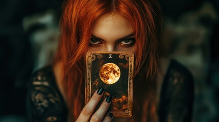 A mysterious red-haired woman with intense eyes holds a tarot card featuring a full moon, creating an enigmatic and mystical atmosphere.