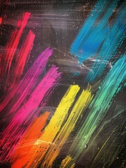 Aufkleber - Colorful brushstrokes of pink, yellow, green, and blue adorn a dark green chalkboard, showcasing creativity in an art classroom setting. Generative AI