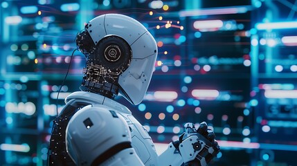 Poster - android stands in front of a digital background, showcasing advanced technology and the intersection of robotics and artificial intelligence.