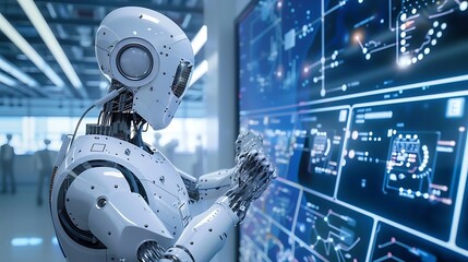 Poster - Humanoid robot interacts with a large digital screen displaying complex data and information in a futuristic industrial setting.