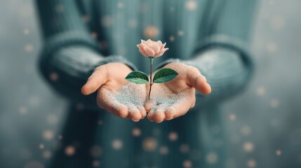 Wall Mural -   A person holding a rose amidst snowflakes on the ground