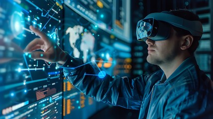 Poster - Man wearing a VR headset interacts with a futuristic digital interface exploring the possibilities of virtual reality technology.