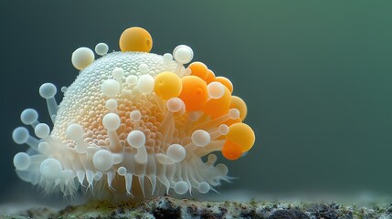 Wall Mural -   An orange-white anemone against a blue-green background, with smaller white-orange ones