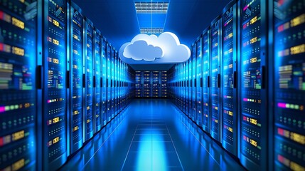 Poster - server room with rows of servers and a cloud icon symbolizing cloud computing.