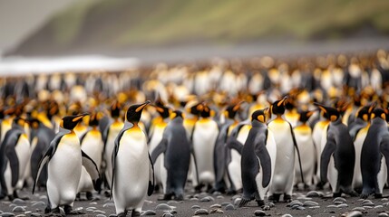 Wall Mural -   A large group of penguins huddled together on a black sandy beach beside a body of water