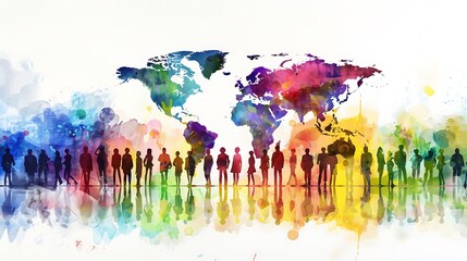 Poster - vibrant watercolor illustration depicting a world map with silhouettes of people standing together representing global unity and diversity.