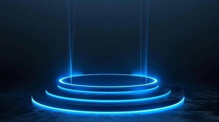 Poster - Photo of a holographic light podium, technology, portal background, circle, cyberpunk effect, digital, game elements, holographic podium, light blue