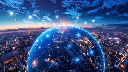 Poster - Stunning cityscape illuminated at night with a glowing globe overlay symbolizing global connectivity and the power of technology.