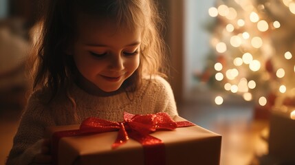 Wall Mural - Cinematic medium shot of a child unwrapping a present with a look of excitement, captured with soft natural light