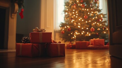 Wall Mural - Cinematic low angle shot of a stack of presents under a Christmas tree, illuminated by natural light