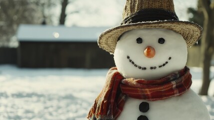 Wall Mural - Cinematic medium shot of a snowman wearing a hat and scarf, standing in a snowy yard, captured with natural light