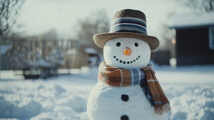 Wall Mural - Cinematic medium shot of a snowman wearing a hat and scarf, standing in a snowy yard, captured with natural light