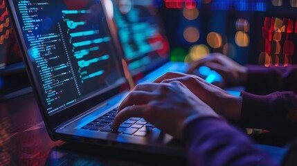 Poster - Programmer working late at night typing code on their laptop.