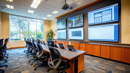 High-tech conference room with interactive touch screens and digital whiteboards