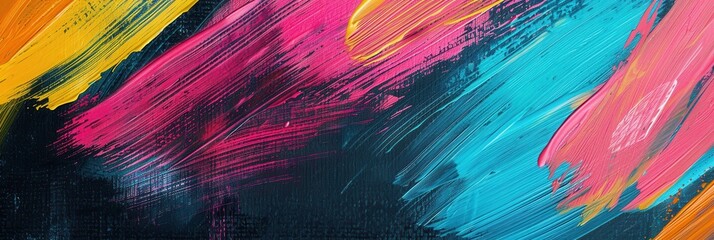 Aufkleber - Colorful brushstrokes of pink, orange, and blue cover a dark green chalkboard, showcasing creativity and artistic expression in a workshop setting. Generative AI