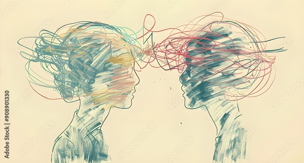 A simple line drawing of two people talking, one person's head is ...