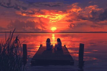 Wall Mural - Two friends are enjoying a peaceful moment on a wooden dock, taking in the beauty of a vibrant sunset over a serene lake