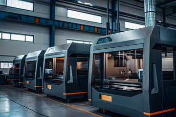 Poster - State of the art 3d printers in a busy factory crafting metal objects, showcasing modern engineering and automation