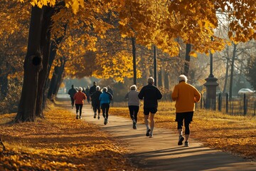 Elderly individuals jogging and walking in a park during autumn, highlighting active lifestyle and community engagement, suitable for themes of health, fitness, and socializing

