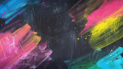 Aufkleber - A dark green chalkboard is illuminated by vibrant brushstrokes of pink, yellow, and blue, showcasing playful creativity in a classroom environment. Generative AI