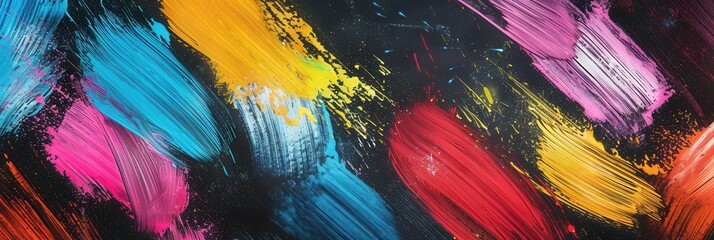 Aufkleber - Colorful brushstrokes in shades of blue, pink, yellow, and red cover a dark green chalkboard, showcasing a creative artistic expression in a learning environment. Generative AI