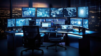 Wall Mural - High-tech control room with glowing screens and advanced consoles