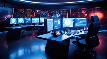 Wall Mural - High-tech control room with glowing screens and advanced consoles