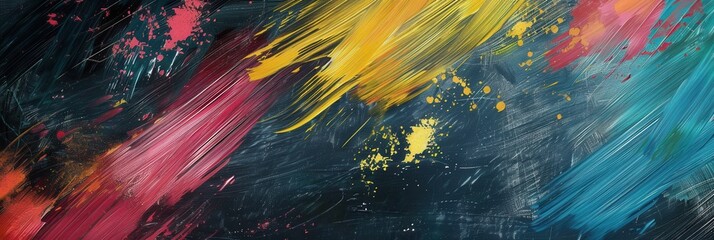 Aufkleber - Vibrant brushstrokes in yellow, red, and blue create a lively contrast against a dark green chalkboard at a community center art session. Generative AI