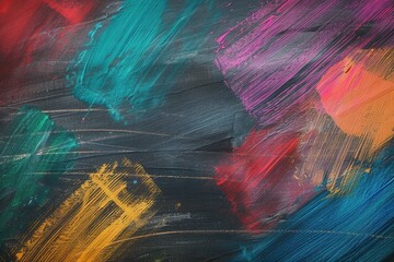 Aufkleber - Bright and colorful brushstrokes adorn a dark green chalkboard in a lively creative space, showcasing artistic expression and playfulness. Generative AI