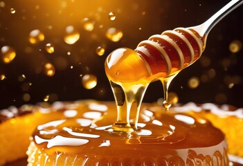 close golden honey drizzling over delicious sweet highlighting rich texture viscosity honey, treat, dessert, sweetness, drizzle, syrup, gourmet, confection