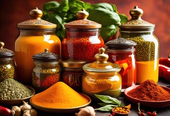 Canvas Print - stylish display fragrant seasonings elegant containers showcasing vibrant colors unique designs culinary enthusiasts, aromatic, aroma, blend, bottle, chic