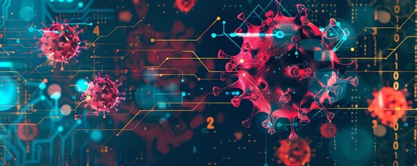 Wall Mural - Virus structure, overlaid with tech elements, flat design illustration