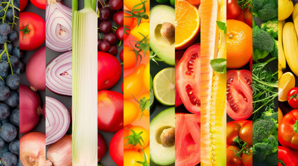 Poster - A vivid collage of fruits and vegetables showcases a rainbow of colors, underscoring the variety and vibrancy of natural, healthy produce.