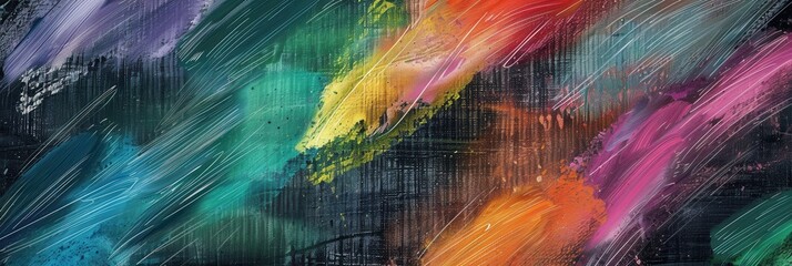 Fototapete - Colorful brushstrokes create an abstract design on a dark green chalkboard, adding artistic flair to the classroom environment. Generative AI